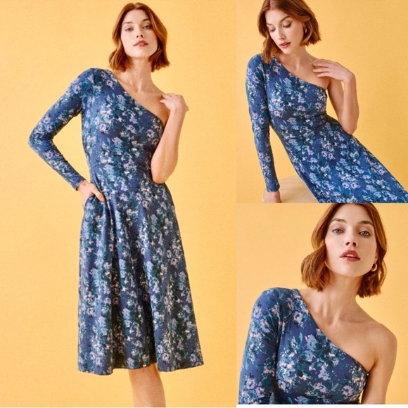 New Pact Blue and White Floral One Shoulder A-Line Dress - Picture 1 of 5